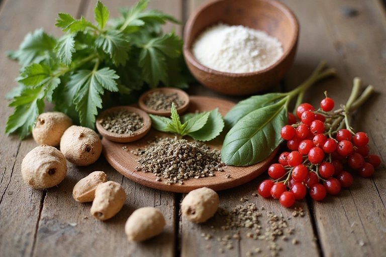 Ingredientes naturales y botánicos sobre una mesa de madera